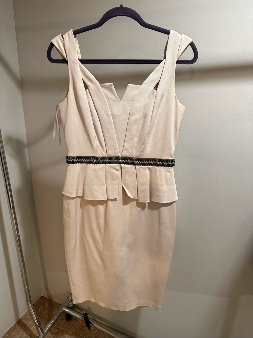 Cream Peplum Sheath Dress with Embellished Waist
